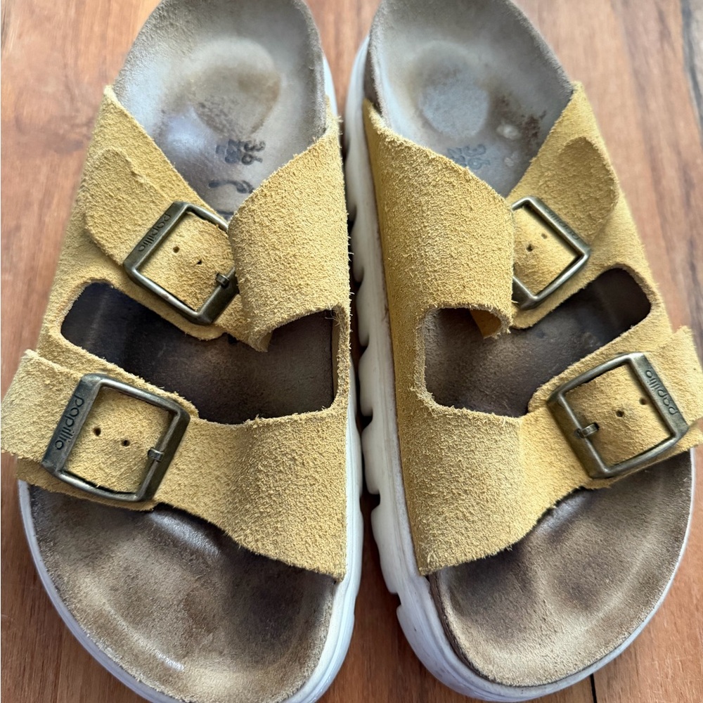 Birkenstock Women's Arizona Platform Suede Leather Ochre Sandals - Size 36